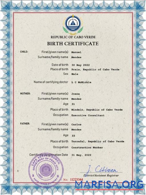 Realistic Cabo Verde vital record birth certificate PSD template